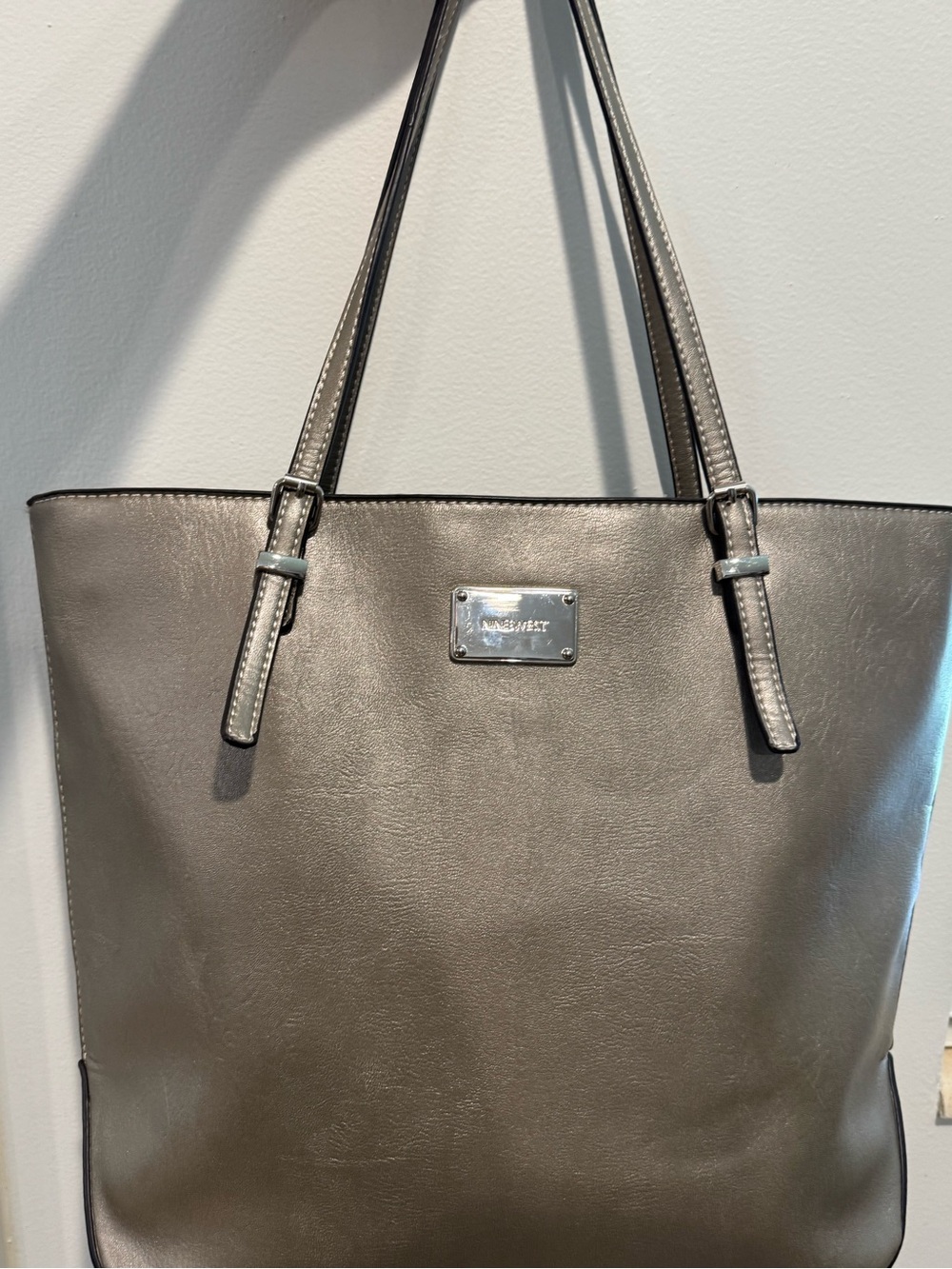 Nine West Metallic Pewter Silver Faux Leather Work Tote Shoulder Bag
